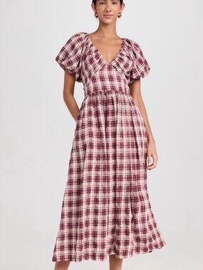 En Saison Anthropologie Colebee Plaid Puff Sleeve Maxi Dress Red